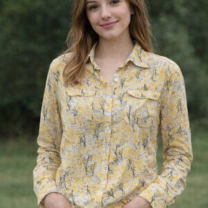 Vintage Gap Blouse Yellow with trees V neck with Snap buttons Size Large